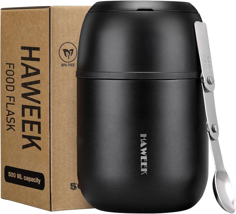 Haweek Insulated Soup Thermo 17oz - Stainless Steel Vacuum Lunch Box for Adults, Kids Leakproof Hot Food Container with Handle Folding Spoon (School Office Outdoor) - Image 1